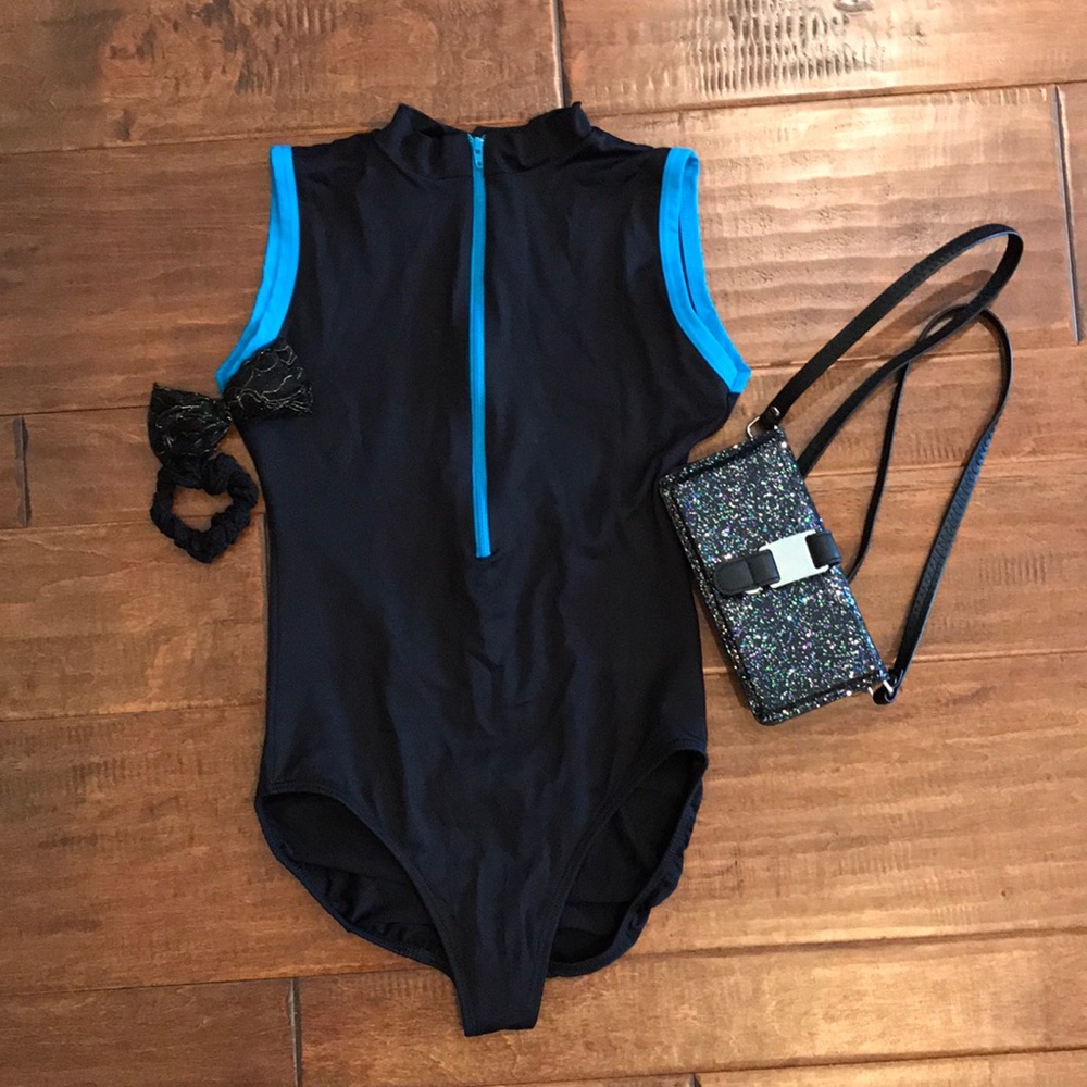 Black zipper leotard with blue trim